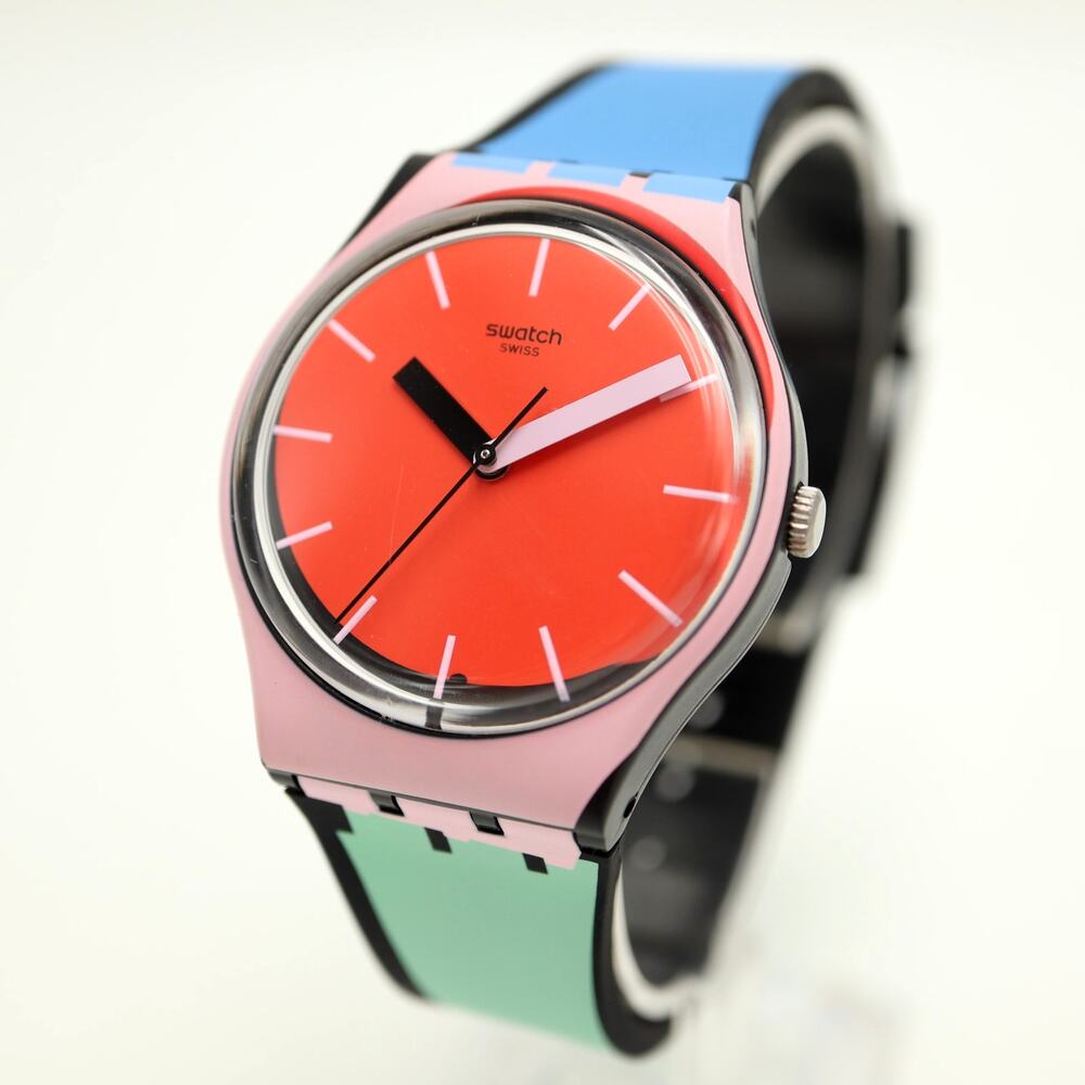 Swatch A COTE GB286 Womens Watch 34mm Orange Dial Pink Case Rubber w New Battery